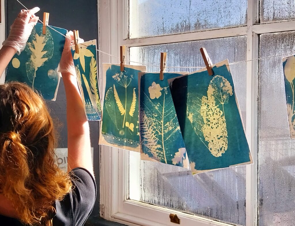 Cyanotypes hanging up in studio - Annabel Wilkes