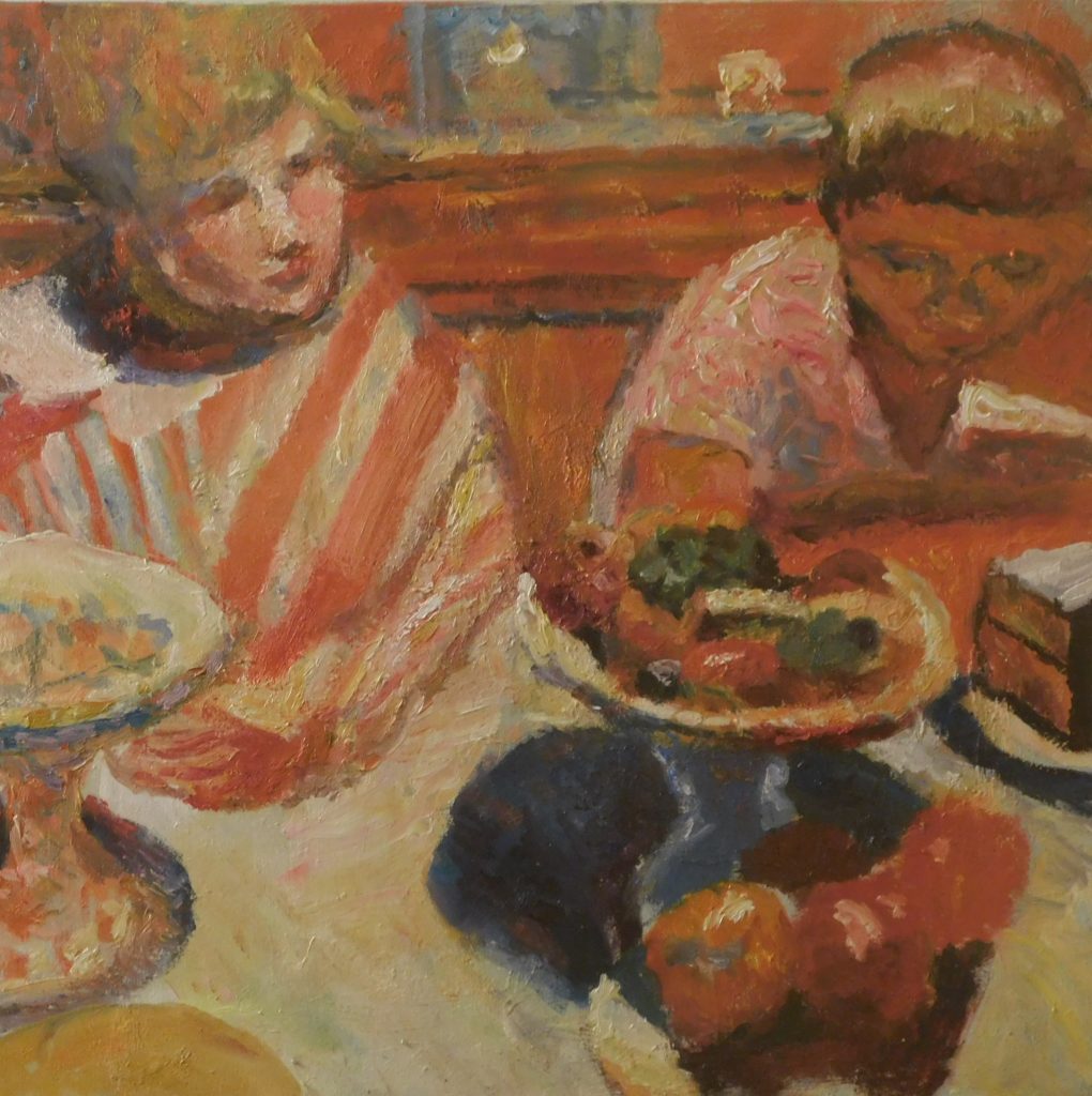 Two children eating at a table laden with food by artist Alice Mumford in the style of Bonnard for online art class.