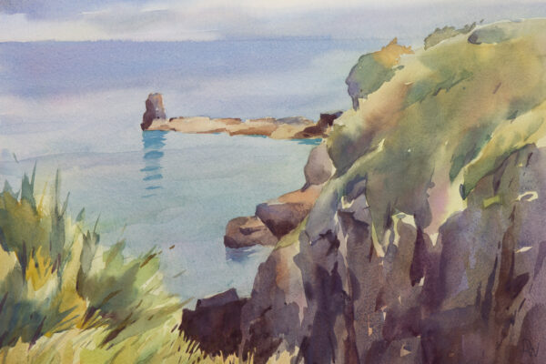 Watercolour painting of rocks and seascape, Durle Stone by David Webb