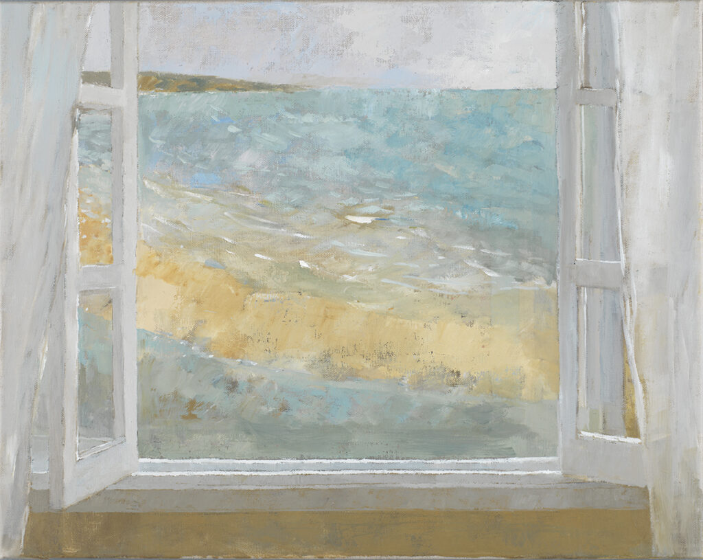oil painting of a view looking out of a window in Tenby, seascape with window frame framing the picture