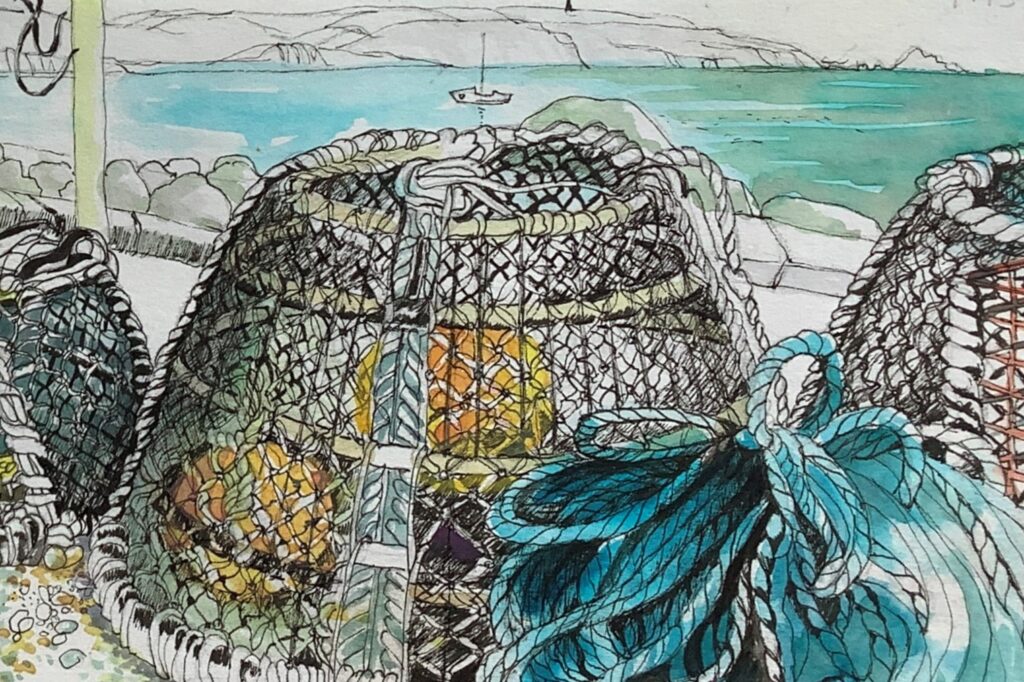 pen and wash of a lobster pot in a sketchbook by Hilary Jean-Gibson