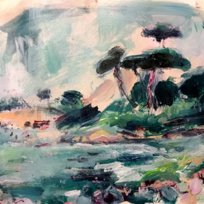 Oil painting by Vicki Gilman, landscape with trees on the right