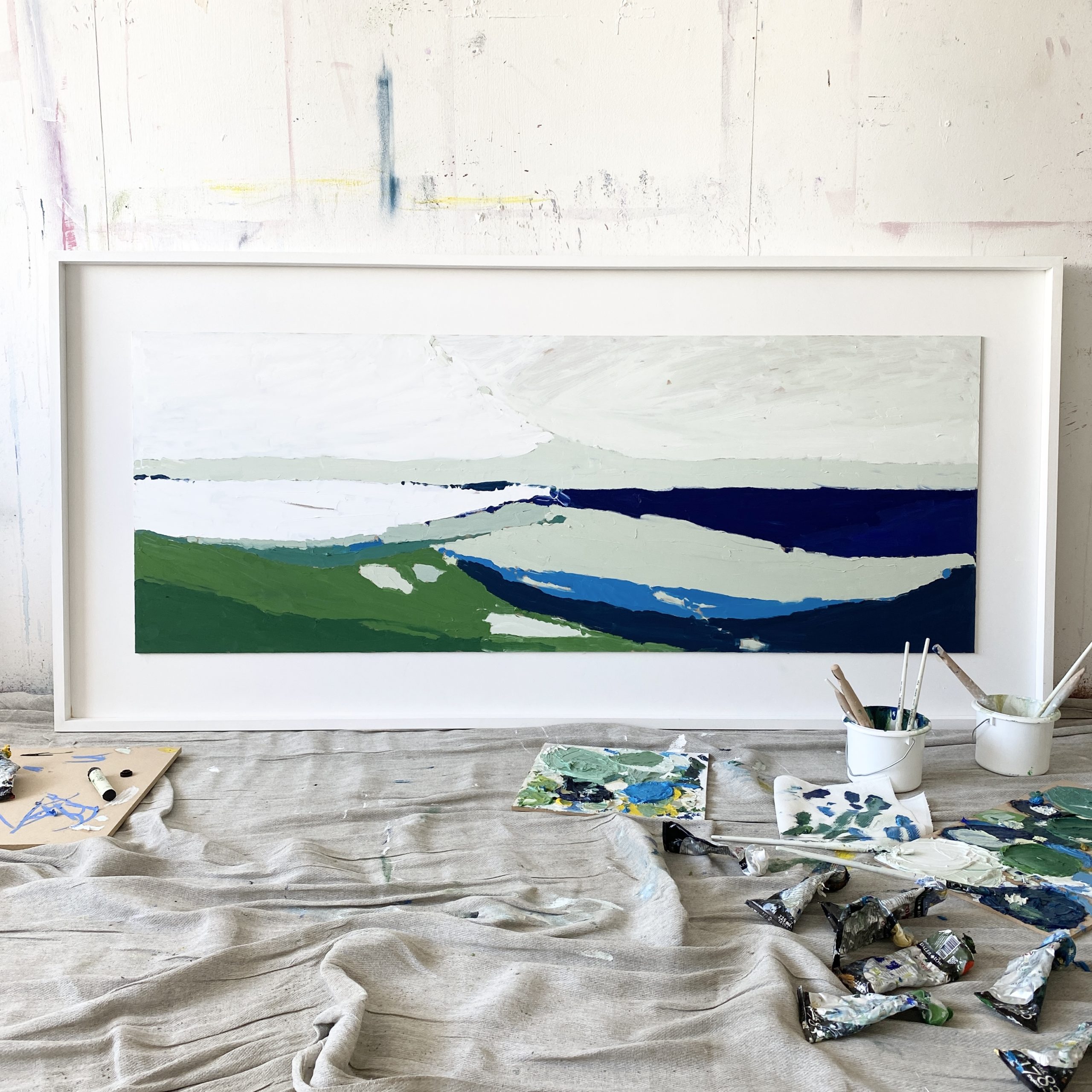 Martha Holmes landscape oil painting in her studio for St Ives online art class.