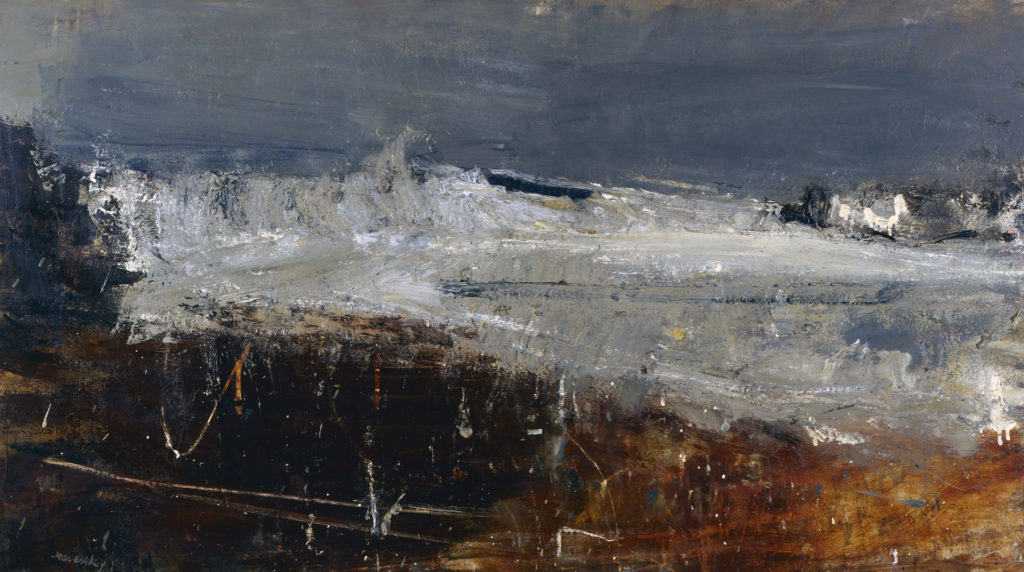 Joan Eardly painting of a the sea in eathy grey tones for St Ives online art class.