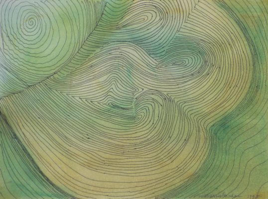 Swirled black lines on a green wash background by St Ives artist Wilhelmina Barns Graham.