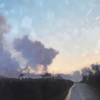 Dusk cloudy twilight sky painting by artist Tom Rickman for online art class Painting in oils.