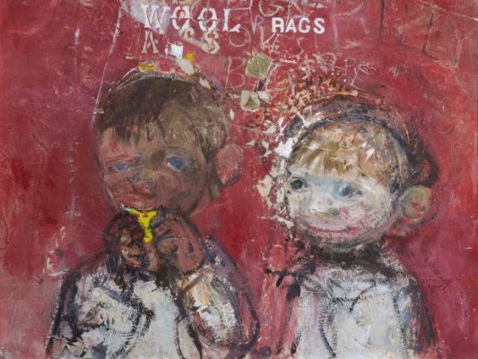 Two children before lettered wall, oil & collage on board.