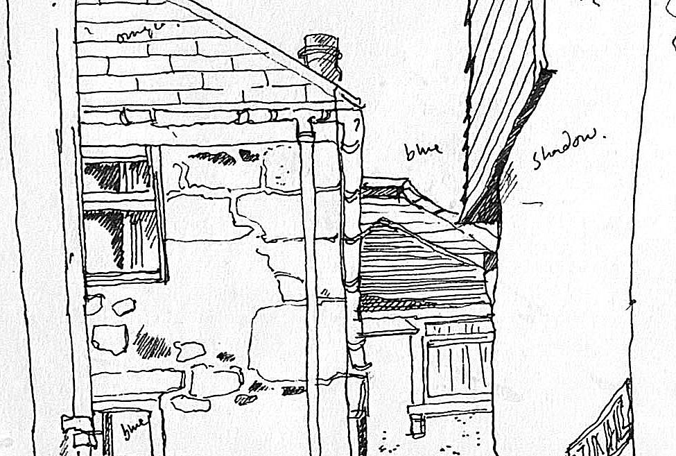 Black pen drawing of houses in St Ives, by Hilary Jean Gibson