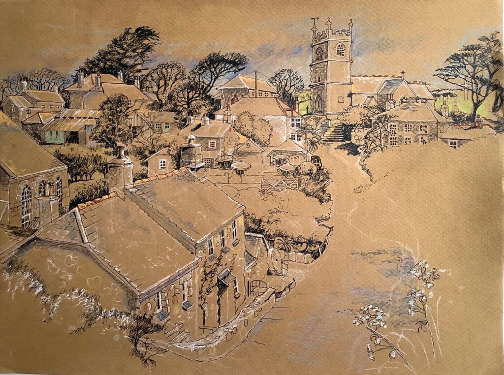 Sketch by Hilary Jean-Gibson of Zennor and Church