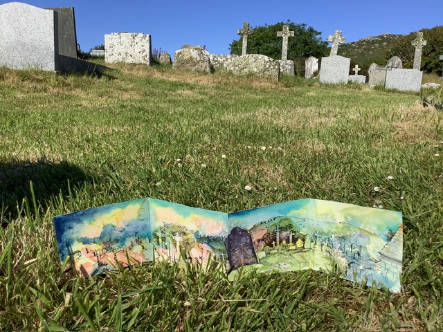 Watercolour of graveyard at Zennor by Hilary Jean Gibson for the Landmarks series St Ives School of Painting