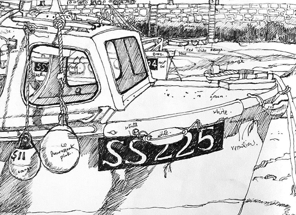 Black pen drawing of boat, by Hilary Jean Gibson