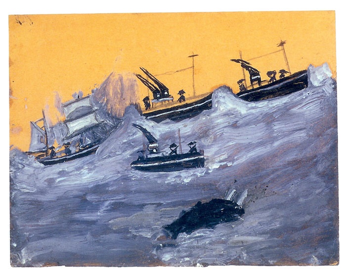 Alfred Wallis type painting of 4 boats on a rough sea with yellow background.