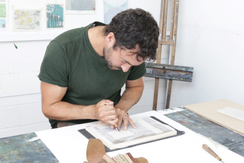 Japanese woodblock printer Adrian Holmes at work for St Ives art course.