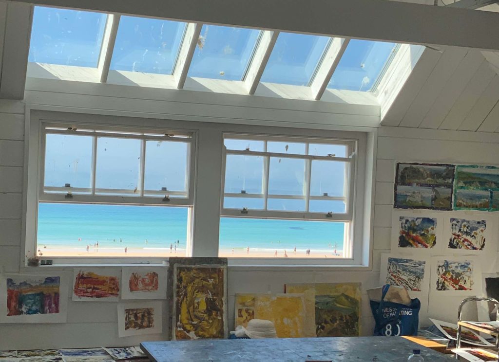 mixed media art course creating abstract seascapes overlooking porthmeor beach